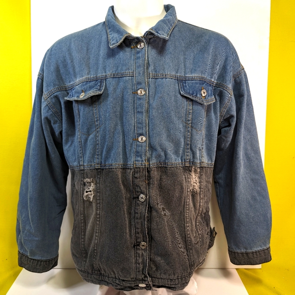Two-Tone Denim Jacket Blue Black Size 2XL Fleece Lined Warm Distressed